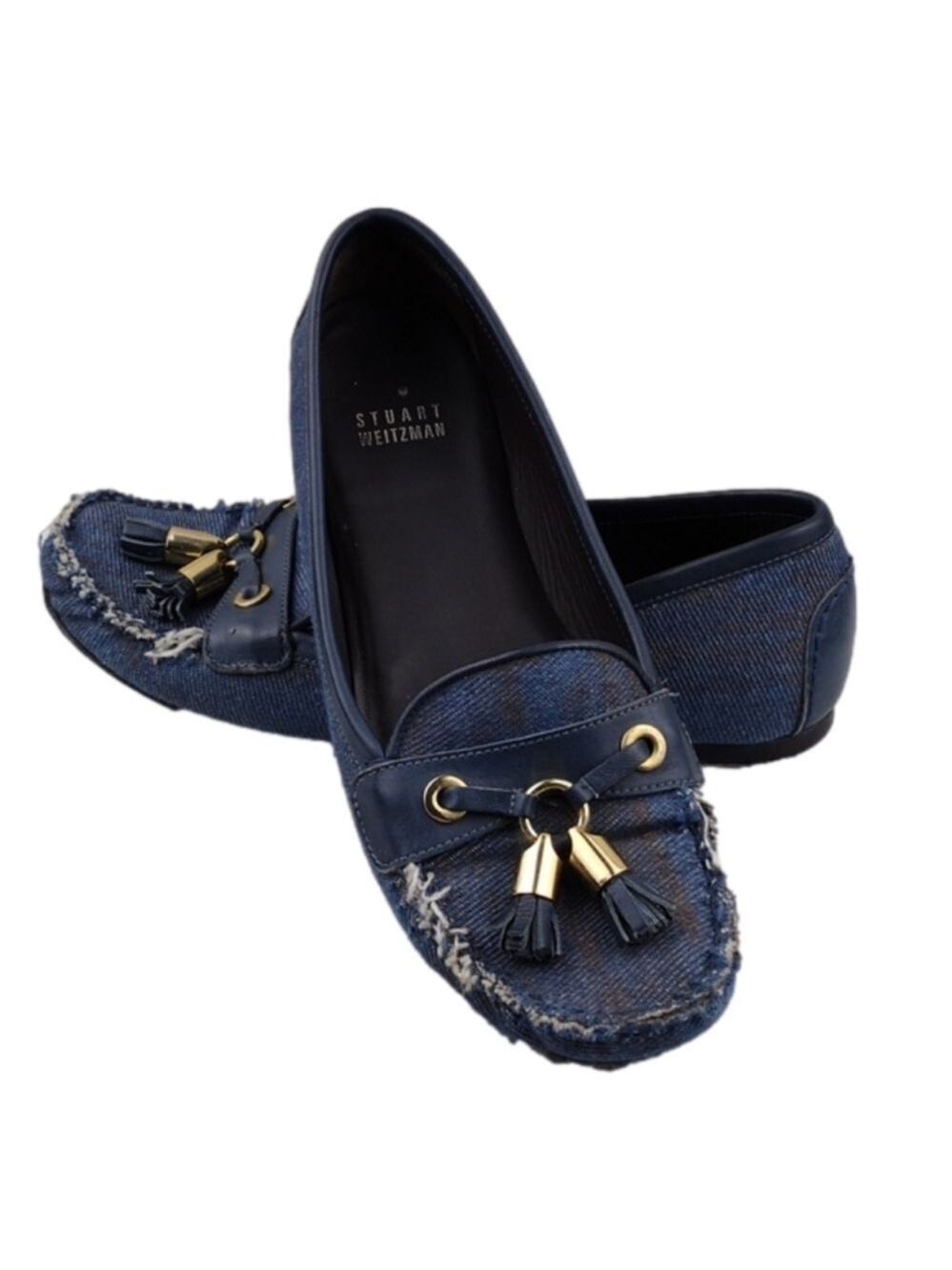 Stuart Weitzman Blue Fabric Tassel Detail Upper Round Toe Slip On Flat Loafer